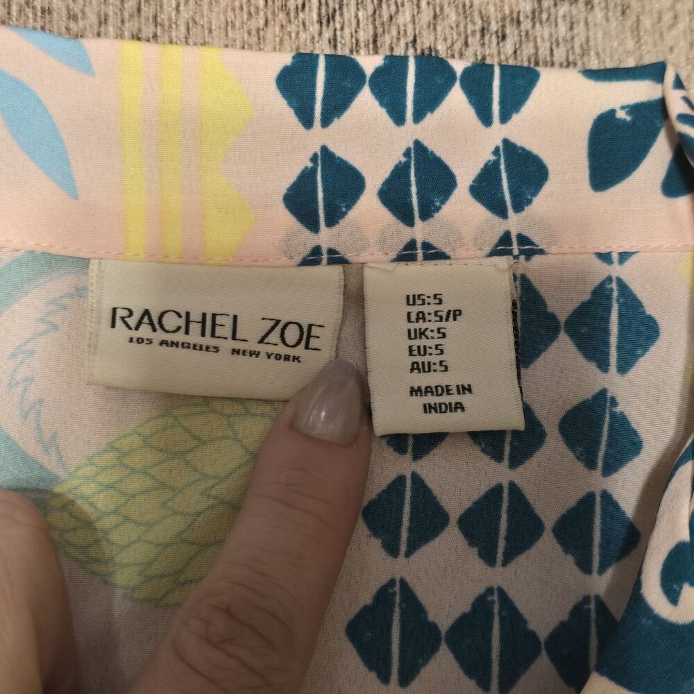 Rachel Zoe Tropical Cropped Button-Down Shirt Pastel Blue Yellow & Pink Size S - Picture 4 of 7